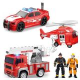 DOWELLIN 5 Packs Fire Truck Toys Sets, Friction Powered Vehicle Toy Including Fire Engine,Police Car,Fire Helicopter, 2 Firefighter, with Light&Sound, Toddler Gifts for for 3+Year Old Kids Boys Girls