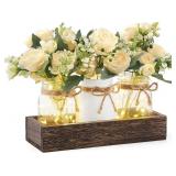 Mkono Mason Jar Lights Centerpiece Table Decor for Dining Room Farmhouse Wood Tray with 3 Jars Flowers Valentines Day Decoration for Coffee Table Kitchen Living Room Wedding