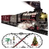 Hitish Train Set for Kids, Electric Train Toys with Realistic Light Sounds Smoke, Christmas Train Model Gifts for Toddlers Boys Girls, Steam Locomotive, Luxury Track & 3 Truck Carriages