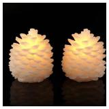 Homemory 2 Pcs Pine Cone Candles Flameless, White LED Flickering Lights with 6 Hours Timer, Battery Operated Candles for New Year Celebration Holiday Decorations D4.3 x H4.7 Inches