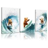 KKP Teddy Bear Surf Canvas Prints Wall Art Nautical Nursery Wall Decor Blue Ocean Painting Picture Surf Room Artwork for Coastal Kids Bedroom Bathroom Playroom Home Decoration 12x16 in Wrapped Canvas