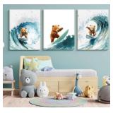 KKP Teddy Bear Surf Canvas Prints Wall Art Nautical Nursery Wall Decor Blue Ocean Painting Picture Surf Room Artwork for Coastal Kids Bedroom Bathroom Playroom Home Decoration 12x16 in Wrapped Canvas