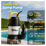 TRUPOW 1 HP Sump Pump 4000 GPH Clean/Dirty Stainless Steel Submersible Water Pump Portable Electric Utility Pump for Swimming Pool Garden Basement Tub Pond Draining