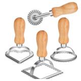 TACGEA Ravioli Stamp Maker Cutter with Roller Wheel (Set of 4), Wooden Handle and Fluted Edge, for Ravioli, Pasta, Dumplings Lasagna, Pierogi