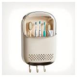 Premium Toothbrush Holders for Bathrooms, High-capacity Wall Mounted Bathroom Organizers and Storage, Electric Toothbrush Holder and Toothpaste Stand with Cover and Hooks, Vanity Makeup Brushes Holder