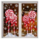 Pawliss Christmas Window Clings Decorations: 2 Sheets Extra Large Red White Peppermint Lollipop Candy Window Clings, Rustic Vintage Candy Snowflakes Xmas Decals for Home Office Holiday Party DÃ©cor