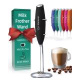 Milk Frother Wand & Electric Stirrer with Stand - Turbo Coffee & Milk Frother Handheld - Hand Held Coffee Mixer Wand & Cold Foam Maker for Frothy Cappuccinos, Lattes & Drink Mixes at Home (Black)