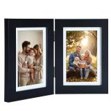4x6 Double Picture Frame with Tempered Glass in Black,Vertical Display 3x5 with Mat or 4x6 without Mat, Engineered Wood Bifold Photo Frame for Tabletop,Nice Gift for Memories & DÃ©cor (PS008-BKX6)