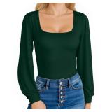 MANGOPOP Square Neck Puff Sleeve Bodysuit Loose Lantern Long Sleeve Body Suit for Women for Going Out, Deep Green, Large