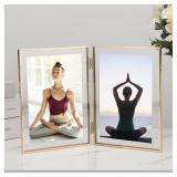 GorYeeFine Gold 5x7''Double Floating Frame,For Photo Sizes(3.5 x5'' & 4x 6''),4X6''Metal Lace Edge Frames Adjustable Tabletop/Shelf Photo Frame,for Wedding,Thanksgiving,Christmas