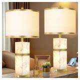 Natural Alabaster Table Lamps Set of 2 - Table Lamp with Night Light for Bedroom,Nightstand Lamps with USB Ports,Bedside Lamps with Linen Fabric Shade for Living Room,Bedroom,Office,Bar(Bulb Included)