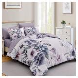 Luxudecor Floral Comforter Set Full Size 7 Piece, Purple Flower Bed in a Bag, Elegant Floral Comforter with Sheet Set, Soft Microfiber Bedding Set for All Season (Purple, 80\'x90\')