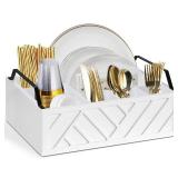 Paper Plate Dispenser and Holder for Kitchen Counter, Wood Rustic Silverware Utensil Caddy, Cutlery Flatware Organizer Box for Cups Spoons Forks Napkins, Kitchen Accessories (White)