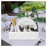 Paper Plate Dispenser and Holder for Kitchen Counter, Wood Rustic Silverware Utensil Caddy, Cutlery Flatware Organizer Box for Cups Spoons Forks Napkins, Kitchen Accessories (White)