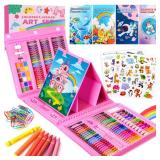 Art Supplies 332 Piece Drawing Art Kit Gifts for Girls Boys Kids Teens Gifts Art Set Case with Double Sided Trifold Easel, Stickers, Sketch Paper, Coloring Book, Pastels, Crayons, Pencils (Pink)