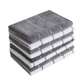 Microfiber Kitchen Towels - Super Absorbent, Soft and Solid Color Dish Towels, 8 Pack (Stripe Designed Grey and White Colors), 26 x 18 Inch