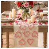Artoid Mode Pink Soft Plush Heart Valentines Table Runner, Seasonal Partial Tufting Kitchen Dining Table Decoration for Home Party Decor 13x90 Inch