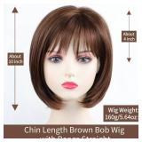 RENERSHOW Short Brown Bob Wigs for Women Brown Mixed Blonde Synthetic Wig with Bangs 10inch Average Size Natural Looking Daily Party Wig