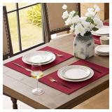 Romanstile Placemats Set of 6-12 X 18 Inch, Faux Linen Double Layered Thickened Cloth Place Mats, Washable & Wipeable Burlap Table Placemats for Kitchen/Dining/Party/Outdoor/Indoor, Red