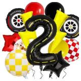 Race Car 40 Inch Racetrack Number 2 Balloons Large Tire Lightning Bolt Foil Balloon Two Fast Racing for Boys 2nd Cars Themed Birthday Party Decorations Supplies 13Pcs