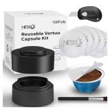 Nessus Reusable Pod Kit for Nespresso Pods Vertuo, Reuse Old Coffee Pods for Nespresso Vertuo: 100 Pcs Aluminum Foil Seal Lid, Holder, Brush, Refillable Vertuo Plus Next Capsule Machine(No Pods Come)