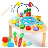 wingyz Activity Table for 1+ Year Old, 6 in 1 Wooden Montessori Activity Center Play Table with Bead Maze Shape Sorter Fishing Game, Kids Sensory Educational Toddler Learning Toys