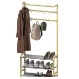 Simple Houseware Coat Rack with Storage Shelf, Freestanding Hall Tree with Hooks for Entryway, Bedroom, Office, Black Metal Clothes Hanger Stand for Coats, Hats, Jackets, Bags - Champagne Gold