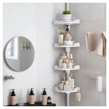 shuang qing 360Â° Rotating Corner Shower Caddy Tension Pole Organizer - 4-Tier Adjustable Rustproof Metal Pole, Plastic Shelves with Safety Guardrail, Bathroom Storage for Shower & Bathtub(White)