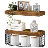 QEEIG Bathroom Shelves Over Toilet - Wall Mounted Floating Shelves Toilet Paper Storage Small Farmhouse Decor Shelf 16 inch Set of 2, Rustic Brown (019-BN2)