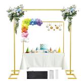 8.2FT x 8FT Backdrop Stand Heavy Duty with Base, Gold Portable Adjustable Pipe and Drape Backdrop Stand Kit, Over The Table Rod Stand with Clamps, Square Metal Arch Party Frame for Birthday Decor