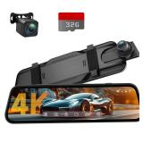 Veement 4K Rear View Mirror Camera, 10'' 4K Mirror Dash Cam with 1080P Backup Camera, Dash Cam Front and Rear for Car with Voice Control, 24H Parking Mode, Night Vision, 32GB SD Card Included