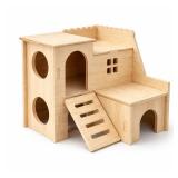 Tiny Hamster Maze Wood House Fun Slide House Double-Decker Hut for Dwarf Gerbil Mouse Mice Rat Small Animals(Only for Small Hamster)