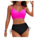 Blooming Jelly Womens High Waisted Bikini Sets Drawstring Tummy Control Swimsuits Crisscross Bathing Suit (Medium, Pink)