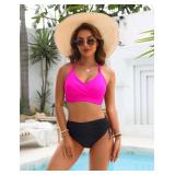 Blooming Jelly Womens High Waisted Bikini Sets Drawstring Tummy Control Swimsuits Crisscross Bathing Suit (Medium, Pink)