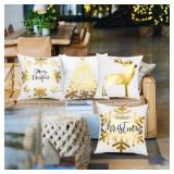 ONWAY Christmas Gold White Throw Pillow Covers 20x20 Inch Set of 4 Snowflakes Decorations Cushion Cases Xmas Decor for Couch Sofa Car Bedroom