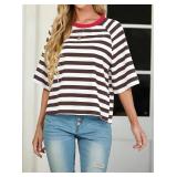 IWOLLENCE Women's Loose Casual Summer Striped Tops Crewneck 1/2 Short Sleeve Color Block Tee Oversized Cropped Shirts SIZE L IWOLLENCE Women's Loose Casual Summer Striped Tops Crewneck 1/2 Short Sleeve Color Block Tee Oversized Cropped Shirts SIZE L