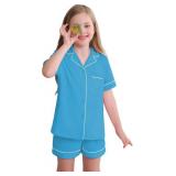Veseacky Big Girls Summer 100% Cotton Pajama Sets Sleepwear Short Sleeve PJS with Pants Deep Sky Blue Size 8t 9t Veseacky Big Girls Summer 100% Cotton Pajama Sets Sleepwear Short Sleeve PJS with Pants Deep Sky Blue Size 8t 9t