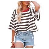 IWOLLENCE Women's Loose Casual Summer Striped Tops Crewneck 1/2 Short Sleeve Color Block Tee Oversized Cropped Shirts SIZE L IWOLLENCE Women's Loose Casual Summer Striped Tops Crewneck 1/2 Short Sleeve Color Block Tee Oversized Cropped Shirts SIZE L