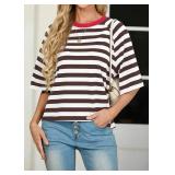 IWOLLENCE Women's Loose Casual Summer Striped Tops Crewneck 1/2 Short Sleeve Color Block Tee Oversized Cropped Shirts SIZE L IWOLLENCE Women's Loose Casual Summer Striped Tops Crewneck 1/2 Short Sleeve Color Block Tee Oversized Cropped Shirts SIZE L