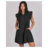 ANRABESS Womens Summer V-Neck Drawstring Ruffle Cap Short Sleeve Casual Shift Mini Dress with Pockets Black Medium ANRABESS Womens Summer V-Neck Drawstring Ruffle Cap Short Sleeve Casual Shift Mini Dress with Pockets Black Medium