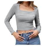 Balimtoy Women's Square Neck Long Sleeve Going Out Tops Ribbed Knit Ruched Slim Fitted Cropped Shirts Trendy Fall Outfits Size Small Balimtoy Women's Square Neck Long Sleeve Going Out Tops Ribbed Knit Ruched Slim Fitted Cropped Shirts Trendy Fall Outfits Size Small