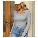 Balimtoy Women's Square Neck Long Sleeve Going Out Tops Ribbed Knit Ruched Slim Fitted Cropped Shirts Trendy Fall Outfits Size Small Balimtoy Women's Square Neck Long Sleeve Going Out Tops Ribbed Knit Ruched Slim Fitted Cropped Shirts Trendy Fall Outfits Size Small