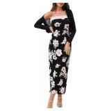 DERAX Women's 2 Piece Maxi Dress Boho Floral Spaghetti Strap Vacation Sleeveless Bodycon Dresses with Jacket Cardigan Black 2XL DERAX Women's 2 Piece Maxi Dress Boho Floral Spaghetti Strap Vacation Sleeveless Bodycon Dresses with Jacket Cardigan Black 2XL