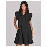 ANRABESS Womens Summer V-Neck Drawstring Ruffle Cap Short Sleeve Casual Shift Mini Dress with Pockets Black Medium ANRABESS Womens Summer V-Neck Drawstring Ruffle Cap Short Sleeve Casual Shift Mini Dress with Pockets Black Medium