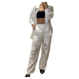 CHICME Womens Textured Two Piece Outfit Set Elegant Button Down Long Sleeve Shirt and Loose Wide Leg Pants Set, Medium CHICME Womens Textured Two Piece Outfit Set Elegant Button Down Long Sleeve Shirt and Loose Wide Leg Pants Set, Medium