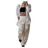 CHICME Womens Textured Two Piece Outfit Set Elegant Button Down Long Sleeve Shirt and Loose Wide Leg Pants Set, Medium CHICME Womens Textured Two Piece Outfit Set Elegant Button Down Long Sleeve Shirt and Loose Wide Leg Pants Set, Medium