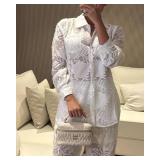 CHICME Womens Textured Two Piece Outfit Set Elegant Button Down Long Sleeve Shirt and Loose Wide Leg Pants Set, Medium CHICME Womens Textured Two Piece Outfit Set Elegant Button Down Long Sleeve Shirt and Loose Wide Leg Pants Set, Medium