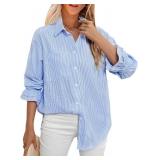 LEMAFER Women's Smocked Cuffed Stripe Boyfriend Button Down Shirts 2025 Collared Ruffle Sleeve Casual Top with Pockets, Medium LEMAFER Women's Smocked Cuffed Stripe Boyfriend Button Down Shirts 2025 Collared Ruffle Sleeve Casual Top with Pockets, Medium