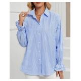 LEMAFER Women's Smocked Cuffed Stripe Boyfriend Button Down Shirts 2025 Collared Ruffle Sleeve Casual Top with Pockets, Medium LEMAFER Women's Smocked Cuffed Stripe Boyfriend Button Down Shirts 2025 Collared Ruffle Sleeve Casual Top with Pockets, Medium