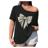 Women's Plus Size Off The Shoulder Tops Short Sleeve Bow Graphic T Shirt Summer Y2k Tops Trendy Size Large Women's Plus Size Off The Shoulder Tops Short Sleeve Bow Graphic T Shirt Summer Y2k Tops Trendy Size Large